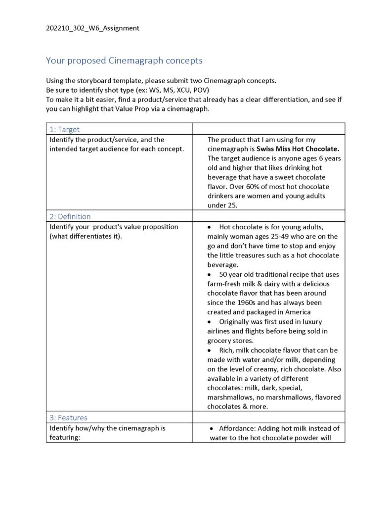 Swiss Miss Cinemagraph Case Study 7 Alyson Hogan WK6 Storyboard Worksheet Page 1